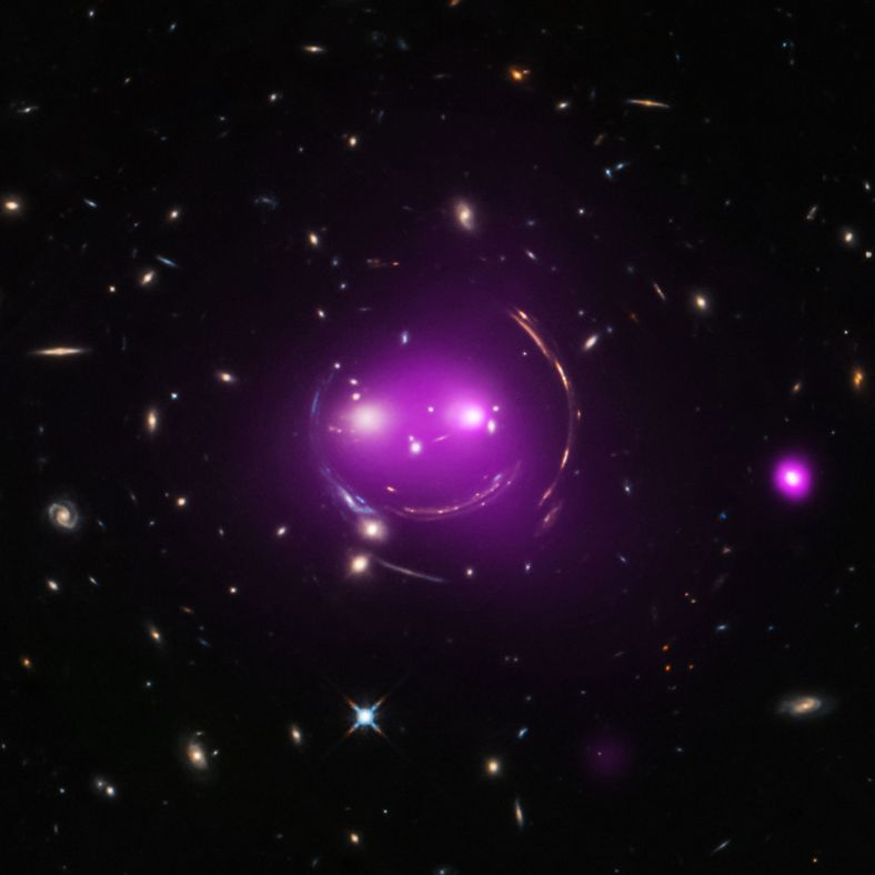 2015年11月，NASA公布了一张有意思的太空照片——46亿光年外的“笑脸猫”星系群，其中，两只“猫眼”实际上是两个巨型星系，另外一个星系则构成了“猫鼻”；而勾勒出“猫脸”的数条弧线，则是四个遥远的背景星系因“引力透镜”效应产生的光学影像。图为哈勃望远镜的光学影像和钱德拉望远镜的X射线影像的合成图像。
