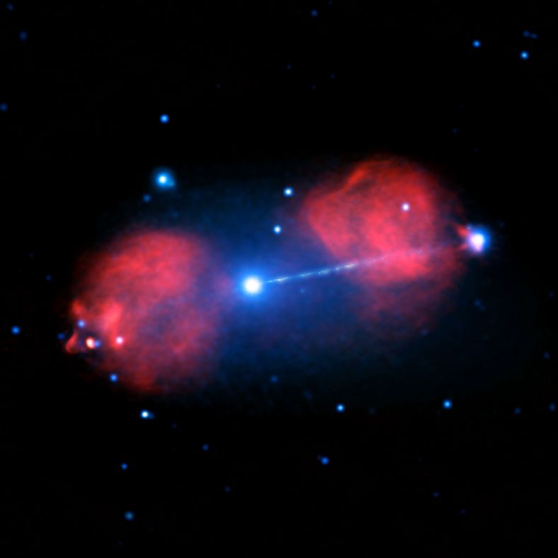 美国宇航局网站最近公布了绘架座A星系的最新图片，照片显示来自其中心黑洞的喷流长达30万光年，相当于银河系直径的3倍。