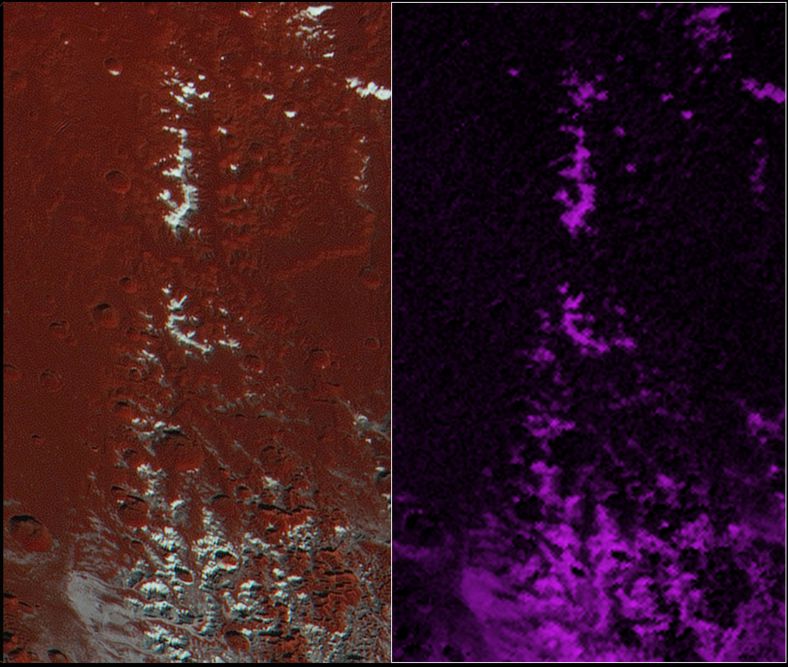 左边偏红的增强彩照为我们展示了克苏鲁区东南部的一处山脉，长达420公里。它位于一些陨坑之中，山峰被数条狭长的峡谷分隔开。与周围暗红色的环境形成鲜明对比，一层明亮的物质覆盖在那些最高山峰顶部的山坡。在右边的图片中，新视野号拉尔夫/多光谱可见光成像相机（MVIC）的显示了甲烷冰的分布（以紫色表示），与明亮冰块的位置几乎完全吻合。 