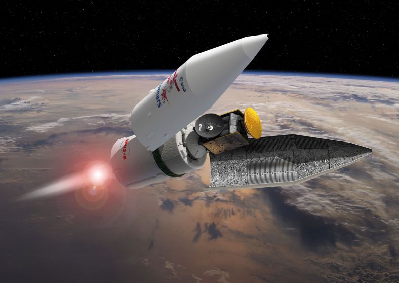 ExoMars项目所属的追踪气体轨道器(TGO)预计于10月19日抵达火星。图为升空后整流罩分离的概念图。