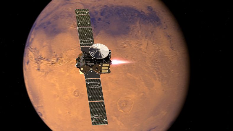 ExoMars项目所属的追踪气体轨道器(TGO)预计于10月19日抵达火星。图为TGO入轨火星的概念图。