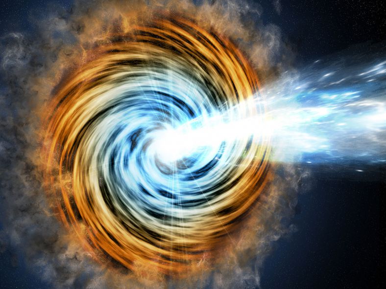 质量相当于180亿个太阳的超级黑洞自转速度能有多快？最近，芬兰天文学家给出了答案：接近光速的1/3，达到9万公里每秒。图为黑洞提供能量的类星体概念图，这是一种亮度极高的天体，位于许多被它们照亮的星系中心。