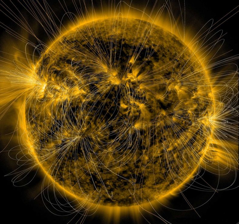 3月15日，美国宇航局公布了一幅太阳磁场地图，揭示了太阳表面和内部的持续活动如何影响其磁场变化。图片中，太阳大气层中的亮斑成为太阳磁场的一个标志。亮斑附近，磁力线非常密集，是强烈的磁场活动区域，它们多数还与另一个活动区域相连。