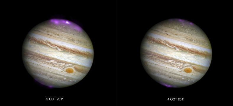 钱德拉望远镜的最新研究发现，太阳风暴能够引发木星剧烈的X射线北极光，其亮度是普通极光的八倍，覆盖范围极广，而其能量则相当于地球极光的数百倍。图为2011年木星出现的北极光。上面两张合成图片中，紫色部分为钱德拉远镜拍摄的X射线影像，木星的光学影像由哈勃望远镜拍摄。左边的图片显示了，太阳物质抛射刚刚触及木星，右边则显示了2天之后，太阳物质抛射消褪后的情况。