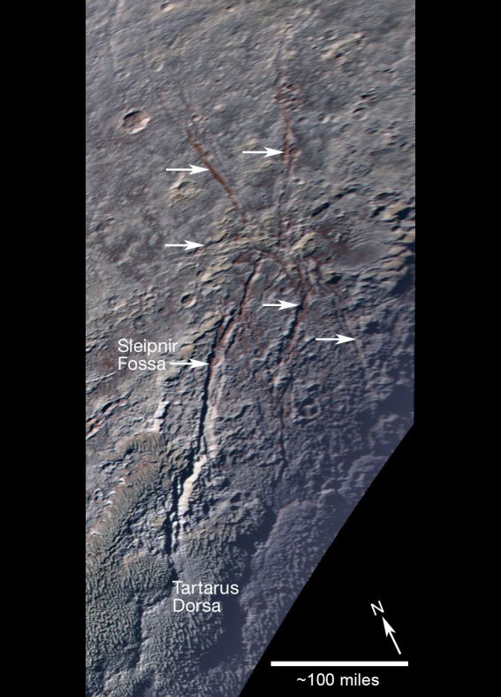 美国宇航局的科学家最近在新视野号发回的照片中，发现了冥王星冰冻表面上的一只巨型“蜘蛛”。