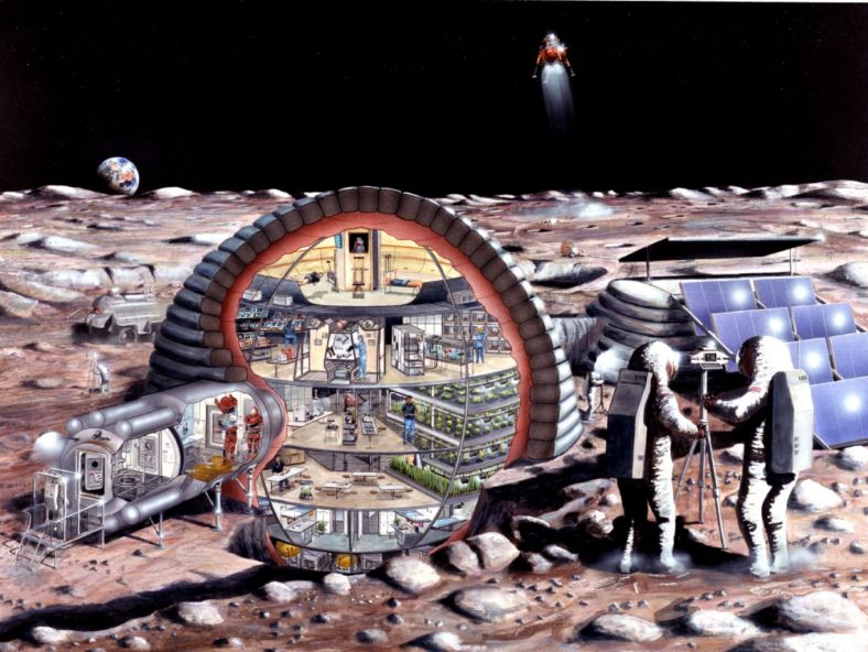美国宇航局1989年绘制的充气式月球基地概念图