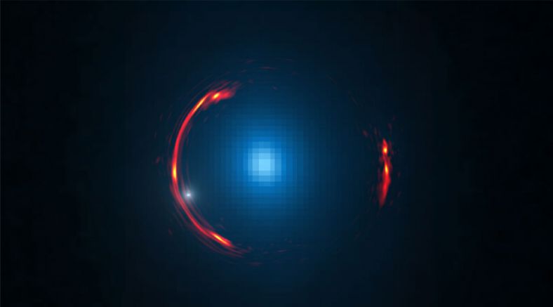 这个“火圈”的编号为SDP.81，是引力透镜效应的杰作。在上面的合成照片中，较近的星系充当了引力透镜（中央蓝色部分，哈勃望远镜光学图像），扭曲了背后遥远星系的光线，形成了外面的火圈（红色部分，ALMA望远镜获取的影响）。图片中的白点正是此次发现的暗物质矮星系所在的位置，但实际上并不可见。