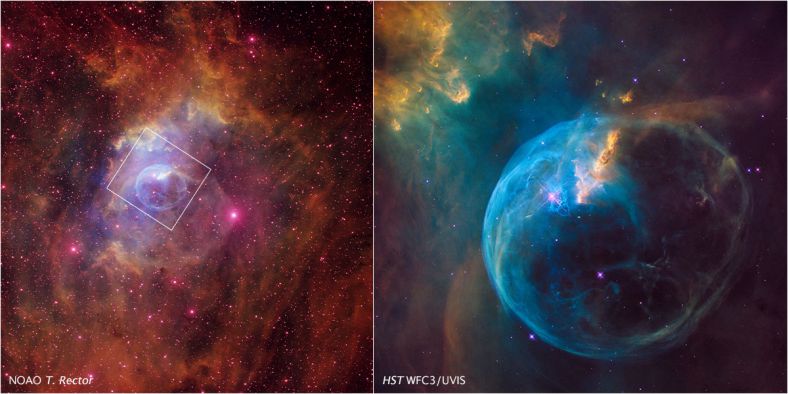 美国国家光学天文台在地面拍摄的气泡星云广角照片（左）于哈勃望远镜照片的对比 