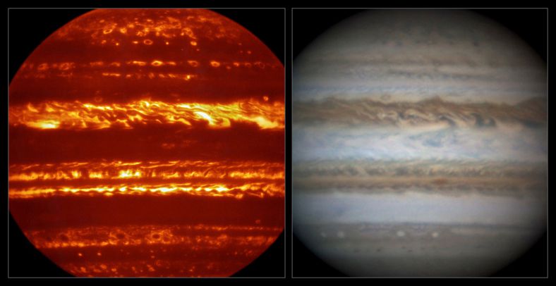同一时间的木星红外影像和光学影像对比