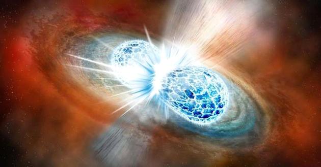 观测数据显示，在这两颗中子星的合并现场可以观察到明显的迹象，显示那里合成了大量重元素，包括金，铂和铀等。这回答了一个长期悬而未决的问题：宇宙中的重元素从何而来？