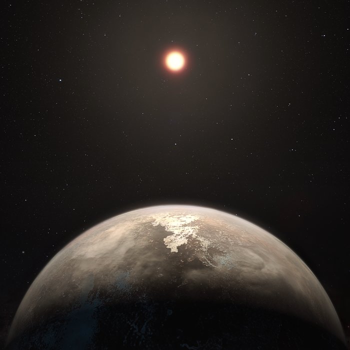 图中是艺术家描绘的Ross 128b，这颗行星温度适宜，它环绕一颗红矮星运行，它与地球距离11光年。