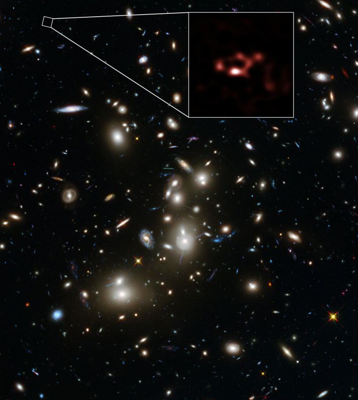 哈勃太空望远镜拍摄的壮观星系团Abell 2744。 但在比这一星系团更为遥远的地方，还存在一个黯淡的星系A2744_YD4。ALMA的观测显示该星系含有大量星际尘埃（图中红色部分）。