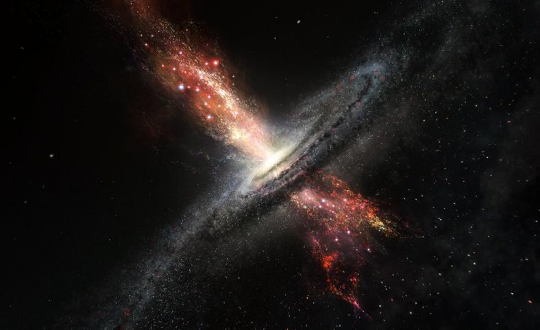星系中心超级黑洞物质喷流的想象图。