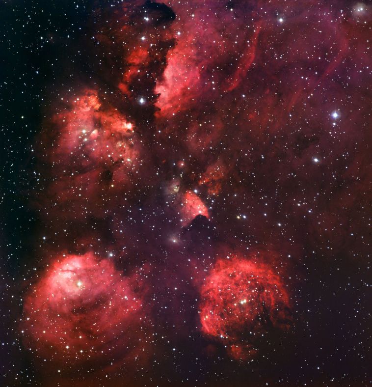 欧洲南方天文著名的宽场成像仪(WFI)在2010年拍摄的猫爪星云NGC 6334可见光照片，这个位于银河系核心附近的复杂气体尘埃区域，笼罩在浓密的尘埃云中，其中有许多巨大恒星形成。