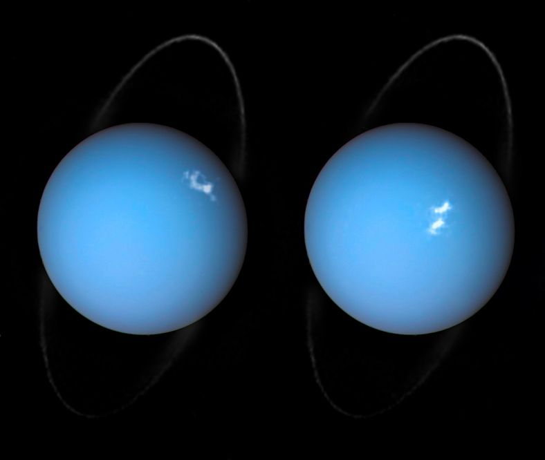 这是旅行者2号和哈勃望远镜两次不同观测所拍照片的合成影像，其中照片中的天王星光环和表面白色的极光由哈勃望远镜所拍摄。 