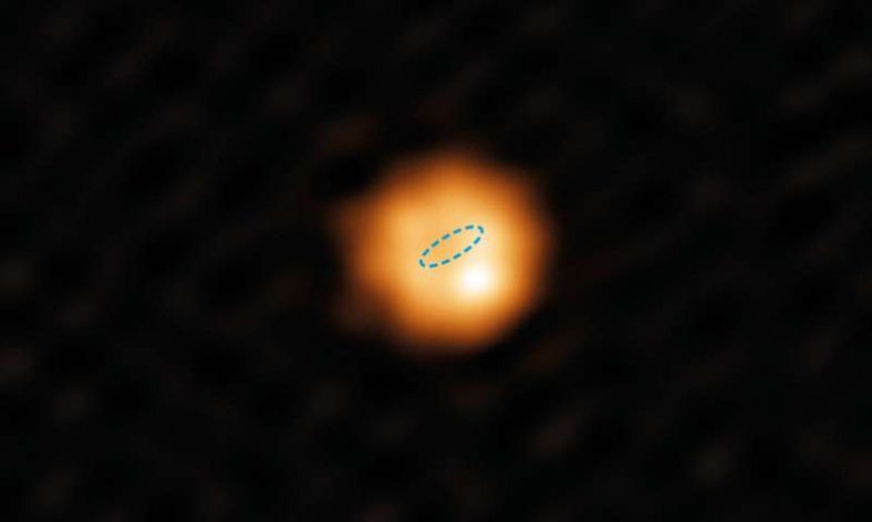 长蛇座W距离地球320光年，质量和太阳相当，但年龄要大数十亿年。在上面ALMA获取的影像中，虚线圆圈标明了地球绕太阳轨道的大小(倾斜视角)。