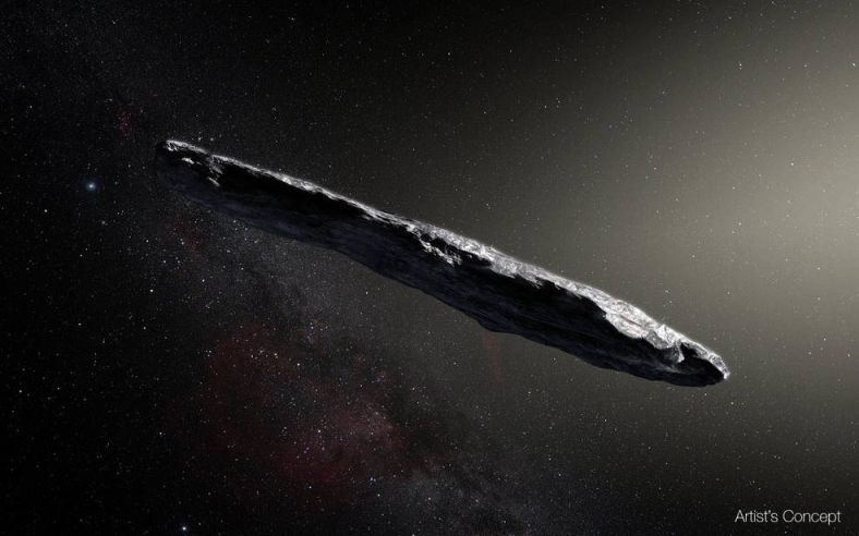 太阳系星际访客“Oumuamua”可能是一个棍棒状的细长岩质天体。图为艺术家笔下的想象图。