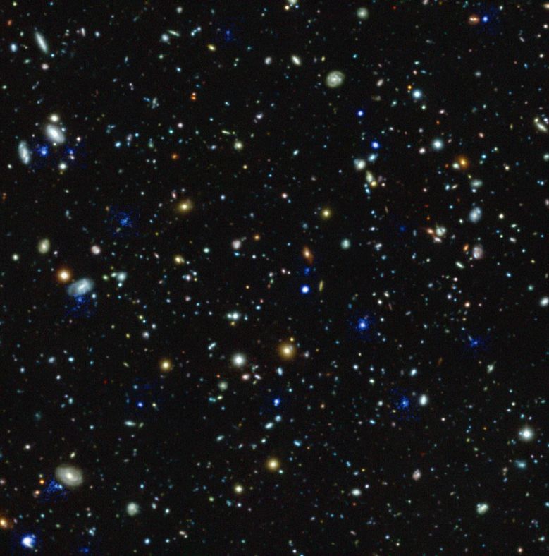 MUSE捕捉到遥远星系周围一些气体晕，上面的图片中用蓝色突出了这些气体晕。
