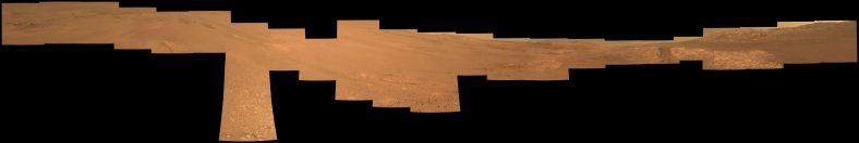 站在耐力陨坑西部边缘内侧的缓坡上，机遇号在毅力谷内所看到的景象。2017年9月4日-10月6日(第4840-4871火星日)期间，机遇号桅杆上的全景相机拍摄下了这些画面。 