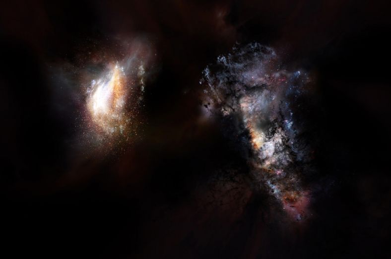 SPT-S J031132-5823.4 内两个星系的想象图， 它们可能被至少1万亿倍太阳质量的暗物质晕包围 