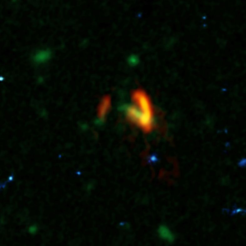 这是一张基于哈勃太空望远镜拍摄照片结合ALMA的数据制作的合成照片，揭示了SPT-S J031132-5823.4. 中的两个星系一些情况，红色部分为来自ALMA的数据，蓝绿部分则来自哈勃望远镜。