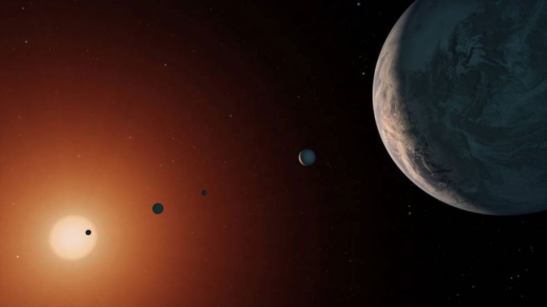 40光年外的迷你太阳系TRAPPIST-1，拥有7颗类地行星，其中3颗处于宜居带(想象图