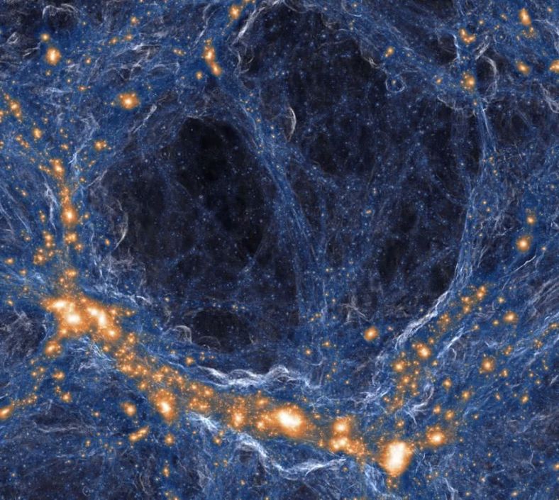 计算机模拟的宇宙物质分布图。橙色表示星系，蓝色表示暗物质和气体，巨大的黑色空洞星系极少最不透明