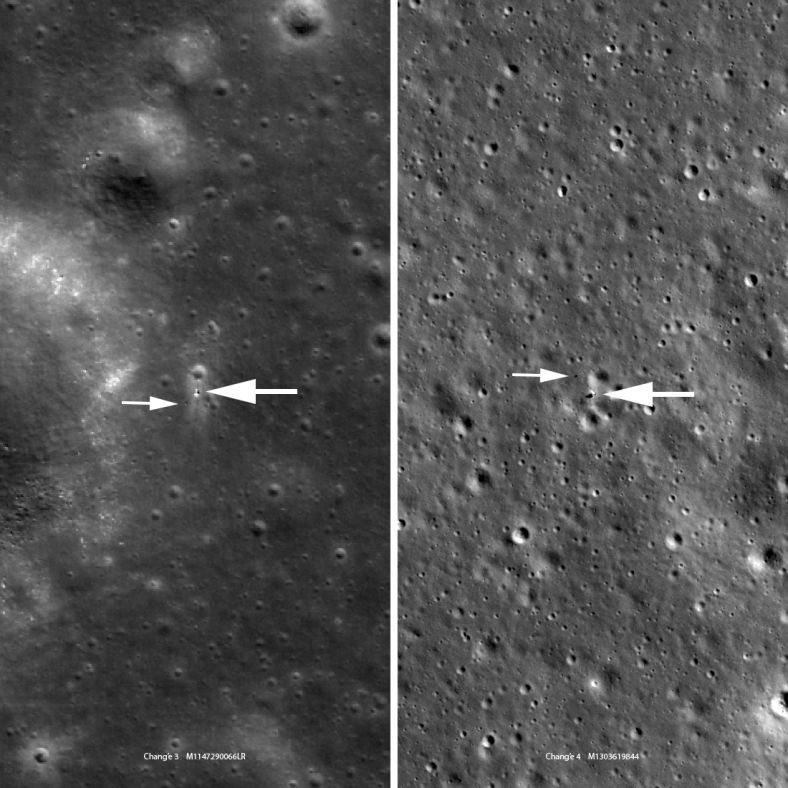 LRO此前拍摄的嫦娥三号与玉兔号(左图)。在大小上，嫦娥三号和四号两者相差无几，但由于拍摄嫦娥三号时的轨道跟高，所以嫦娥三号看起来略模糊。 
