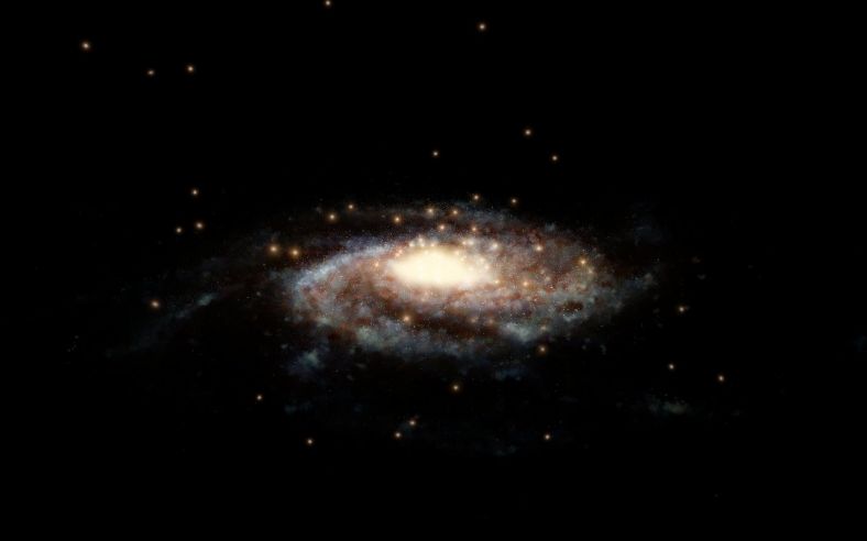 银河系的计算机模型，周围的亮点是用于测量其质量的球状星团位置