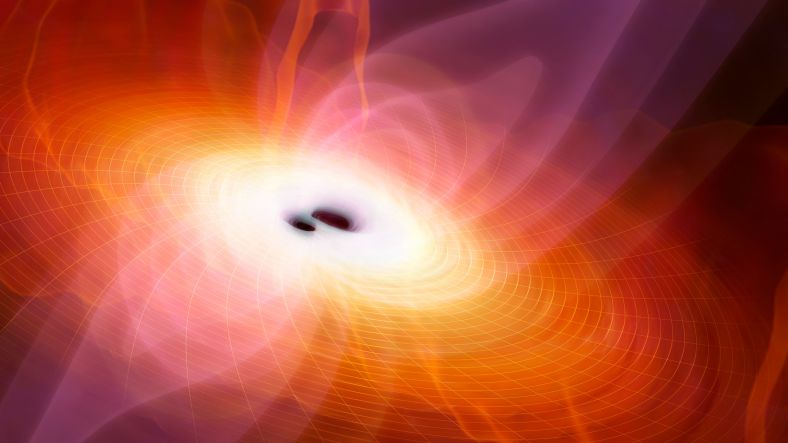 两个相互环绕的黑洞会向外发出引力波