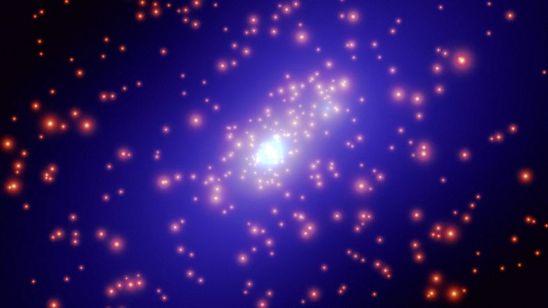 哈勃望远镜拍摄的星系团Cl0024+1654照片，其中的暗物质以蓝色表示