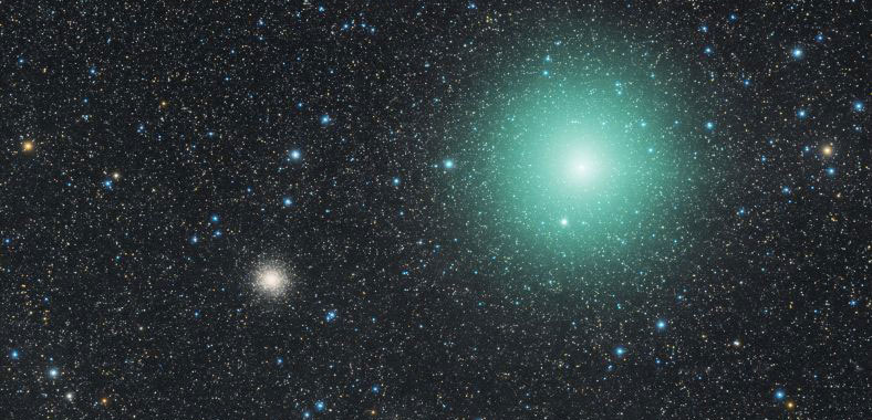 天文图吧：来到北半球的绿色彗星252P经过M14星团 