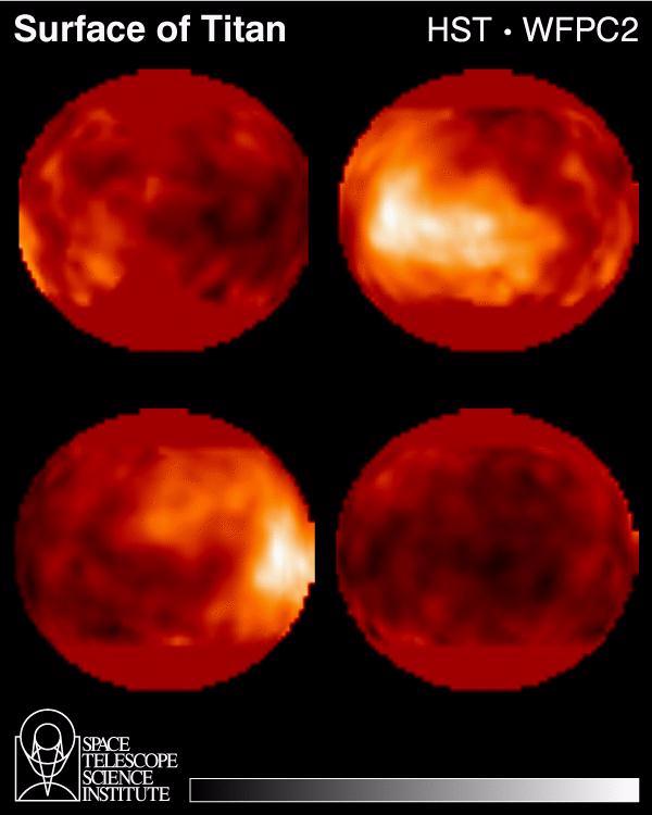 土卫六Titan的近红外照片，展示了它表面反射率变化的特性（哈勃太空望远镜摄）