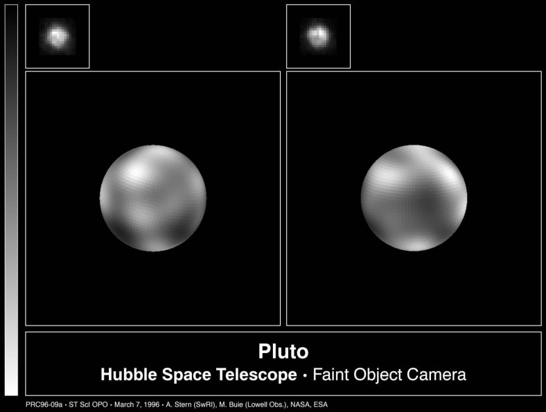 冥王星的表面——小图像是空间望远镜原始图像；大图像是经过计算机处理后的冥王星表面（哈勃太空望远镜摄）