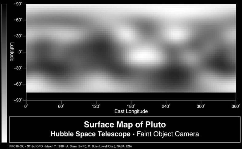 冥王星的全球地图，它是由数张冥王星的照片电脑制作出来的。（哈勃太空望远镜摄）