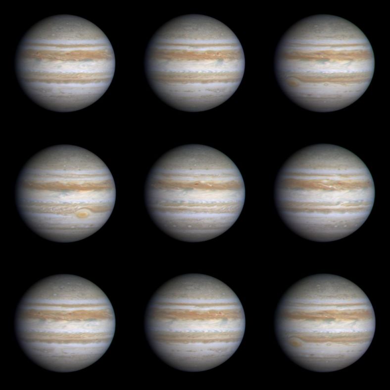 这九张照片显示了木星自转一周的过程（卡西尼号摄）