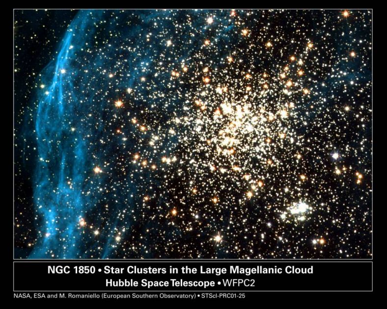 这个美丽的星团 NGC1850 距离我们16.8万光年,位于大麦哲伦星系中心棒形结构的外侧。(哈勃太空望远镜摄)