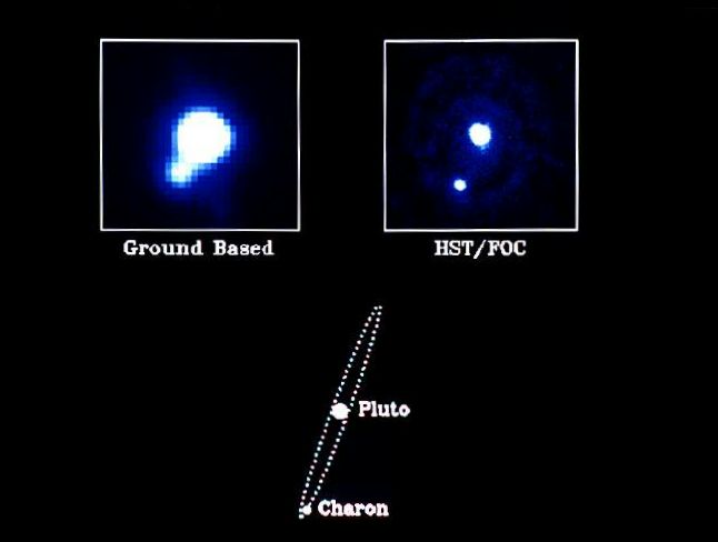 冥王星和它的卫星查龙——左上为地面望远镜拍摄，右上为哈勃太空望远镜拍摄