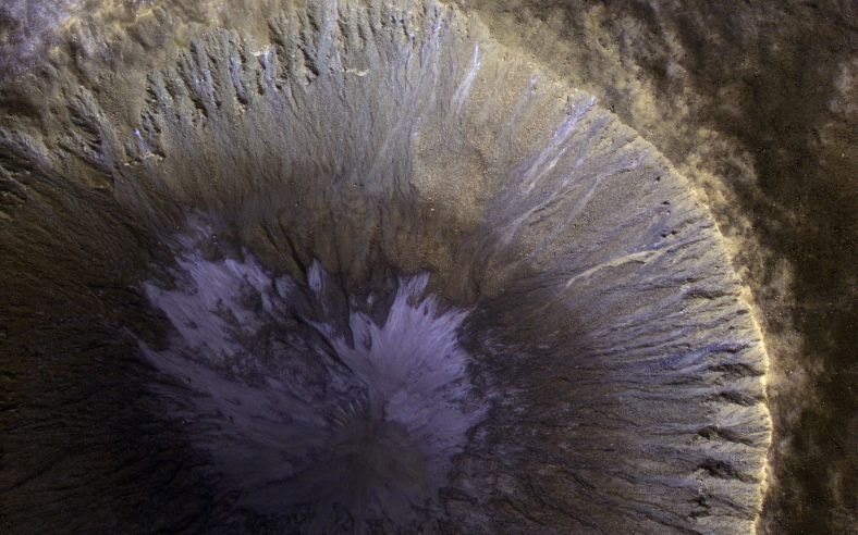 沟壑纵横的冬季火星陨坑